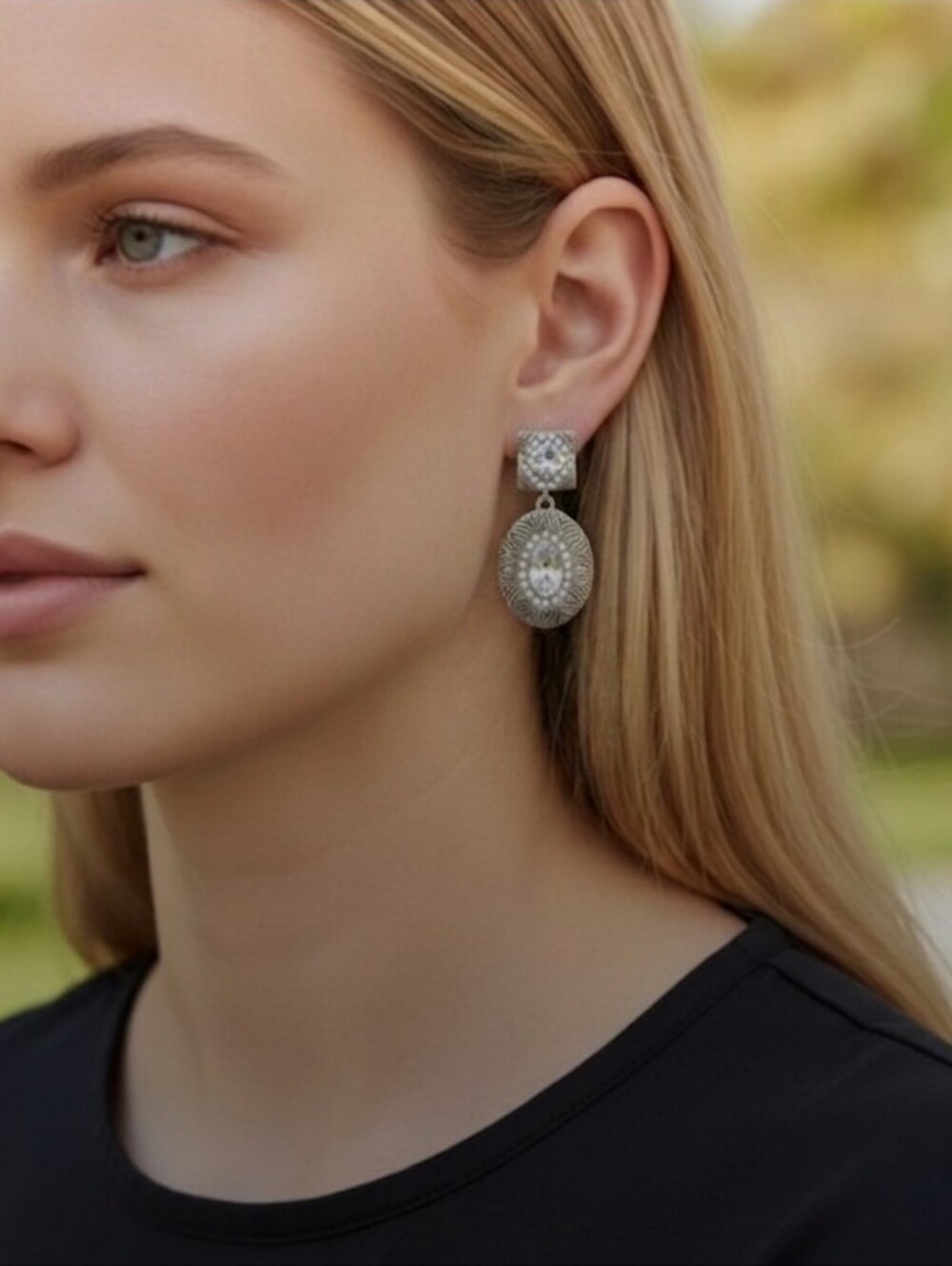 Chico's Vintage Inspired Silver-Tone Drop Earrings with Clear Crystals, NWT